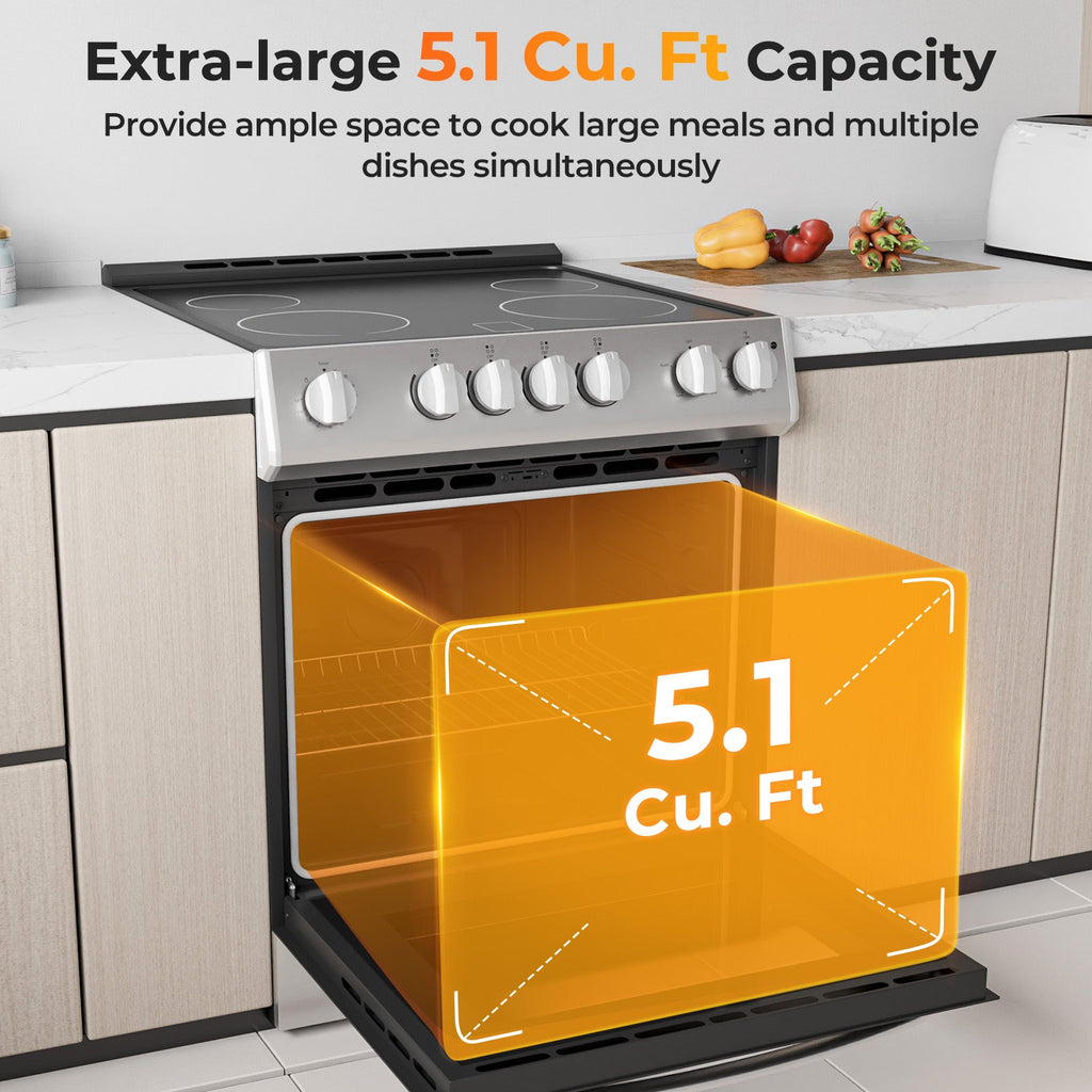 30 Inch Freestanding and Slide-in Kitchen Stove with 4 Burners Ceramic Cooktop-Silver