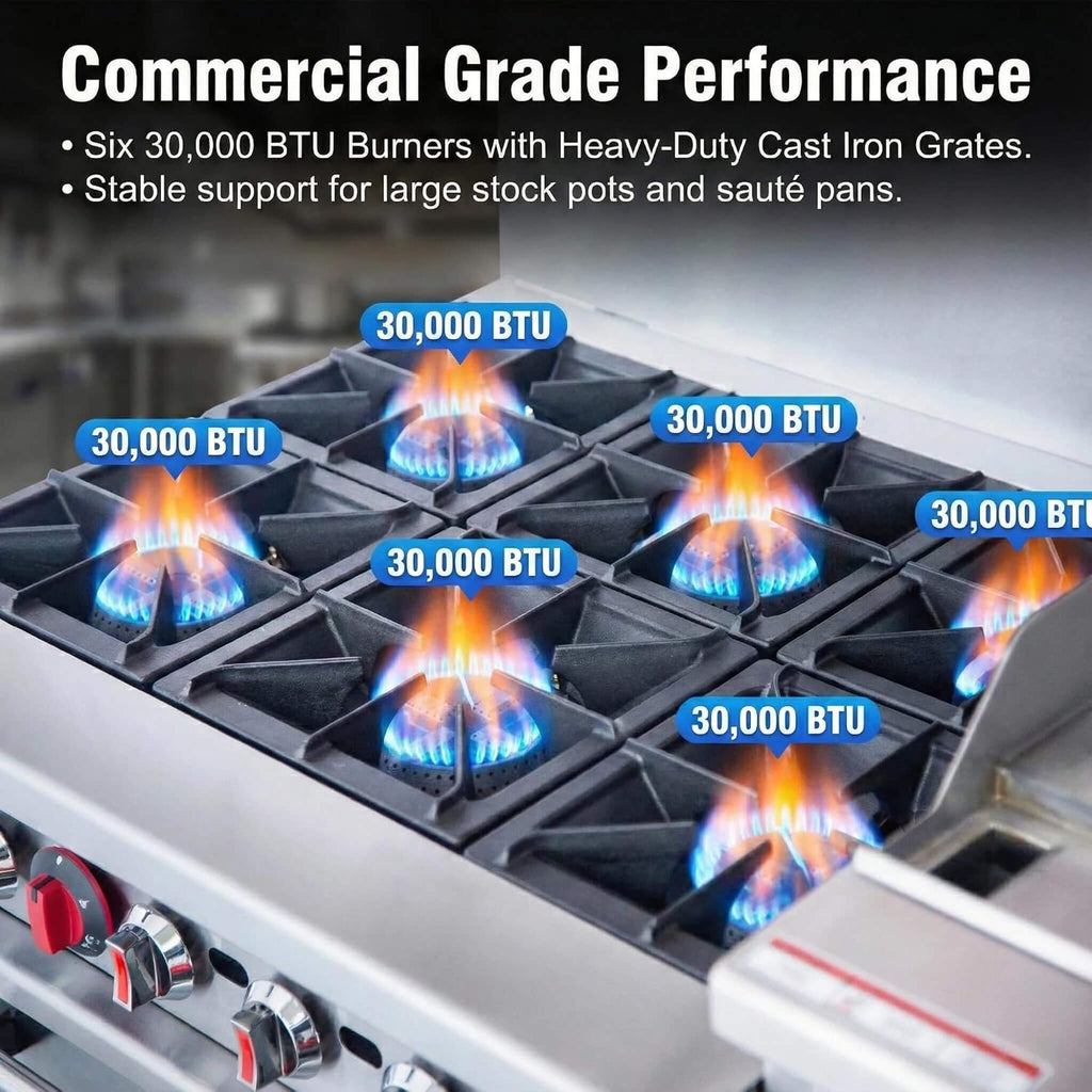60-Inch Commercial 6-Burner 276K BTU Gas Range With Dual Ovens, Griddle And Salamander (SAK56914)
