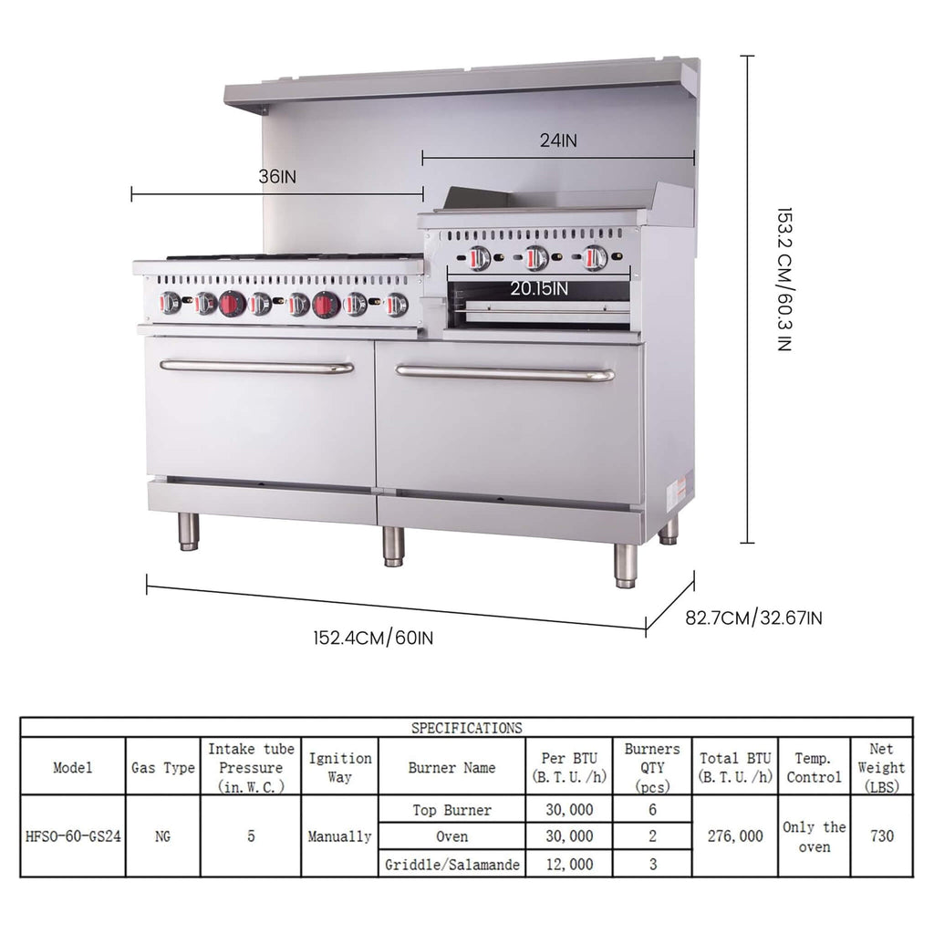 60-Inch Commercial 6-Burner 276K BTU Gas Range With Dual Ovens, Griddle And Salamander (SAK56914)