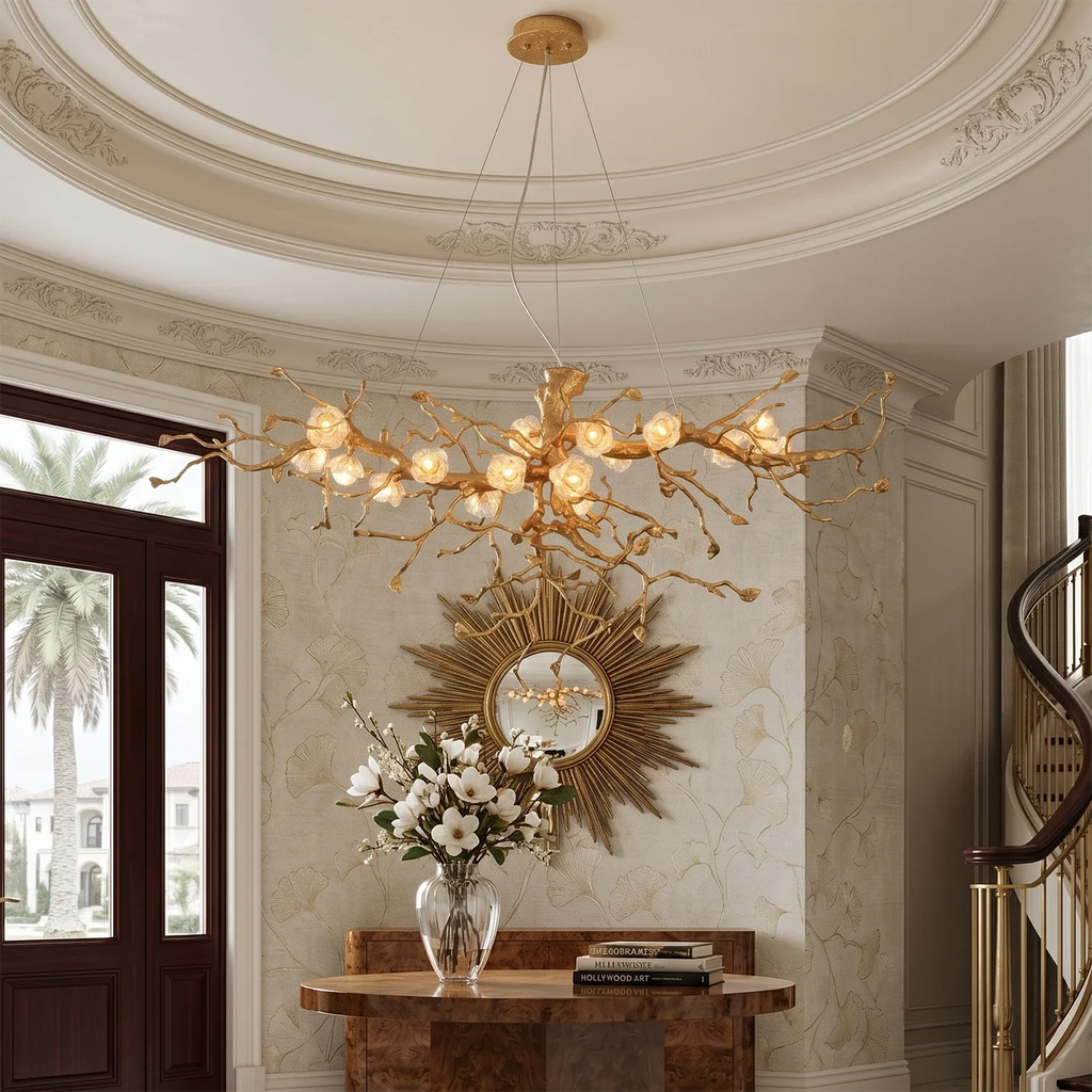 Golden Tree Branch Glass Flower Chandelier