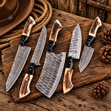 Load image into Gallery viewer, Handcrafted 5-Piece Damascus Chef Knife Set – Stag Horn Handles