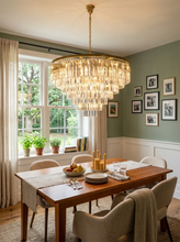 Load image into Gallery viewer, Tiered Crystal Round Brass Chandelier