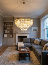 Load image into Gallery viewer, Tiered Crystal Round Brass Chandelier
