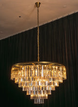 Load image into Gallery viewer, Tiered Crystal Round Brass Chandelier
