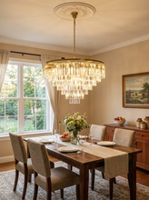 Load image into Gallery viewer, Tiered Crystal Round Brass Chandelier